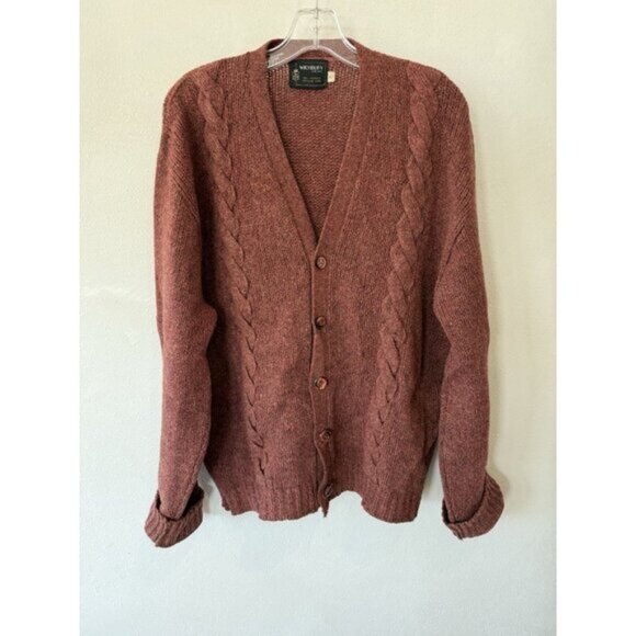 Vintage Wickbury Cardigan Sweater Mens Large L Burgundy Shetland Wool Made USA - Picture 1 of 5